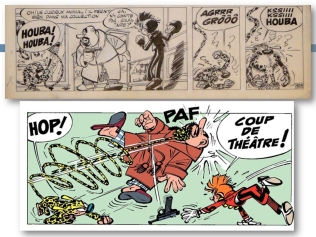 Original artwork (detail) and panel from "Spirou: Les Petits Formats" by André Franquin (and Roba), Dupuis, 1960.